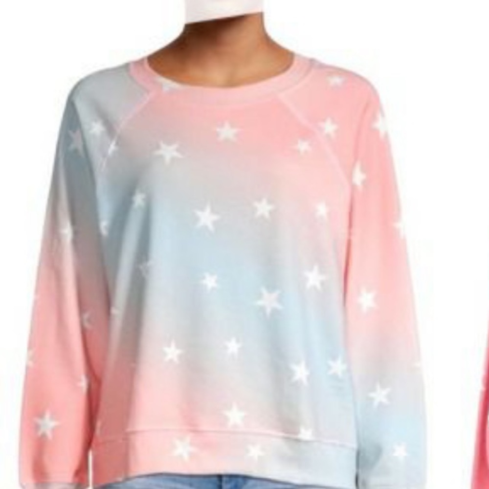 Wildfox Sweater Blue Pink Ombre Star Print Long Sleeve Cotton Sweatshirt M